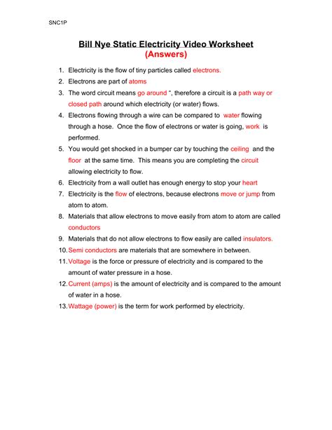 bill nye static electricity worksheet answers